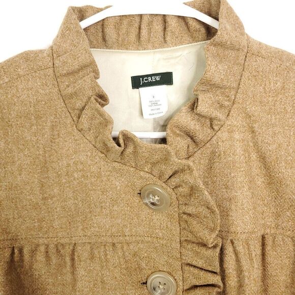 J Crew Blazer WOmens 2 Ruffle Collar Wool Asymmetric Open Twee French Tan Girly - Picture 2 of 8